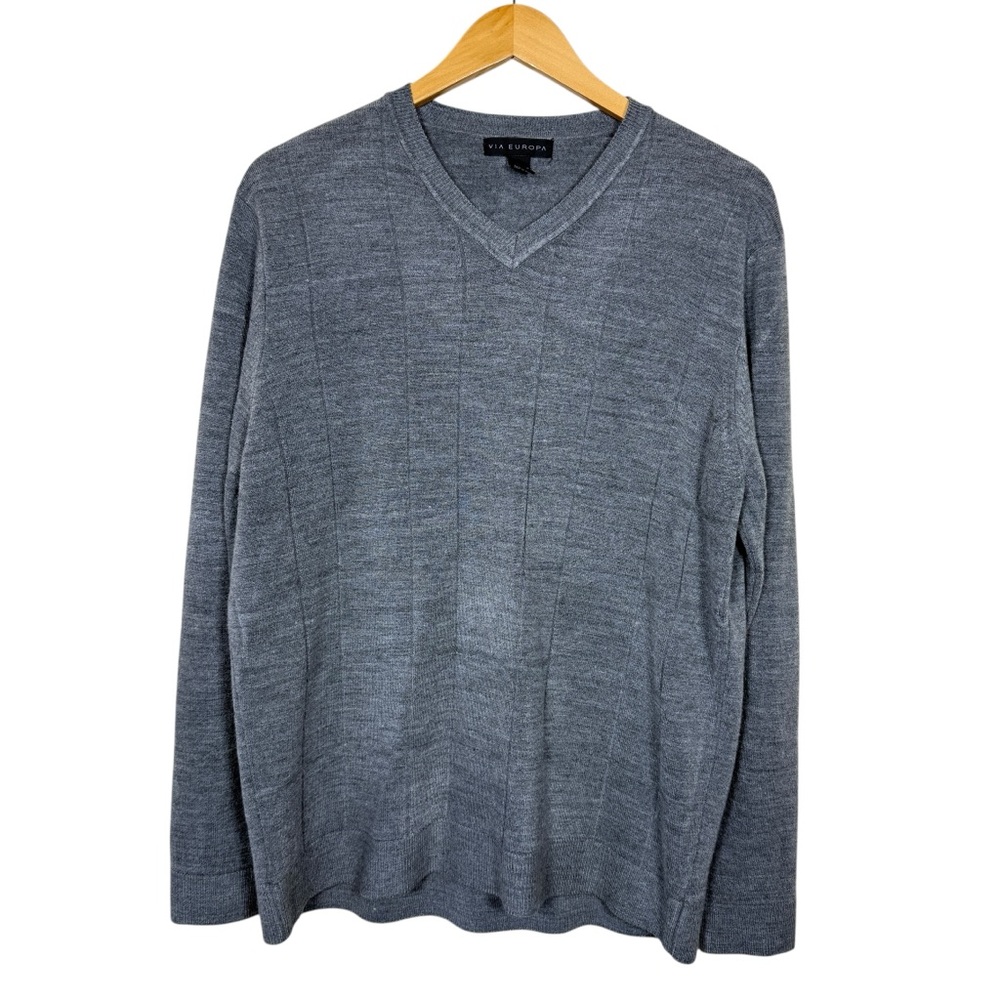 VIA Europa Mens Grey V-Neck Pullover Sweater Size Large